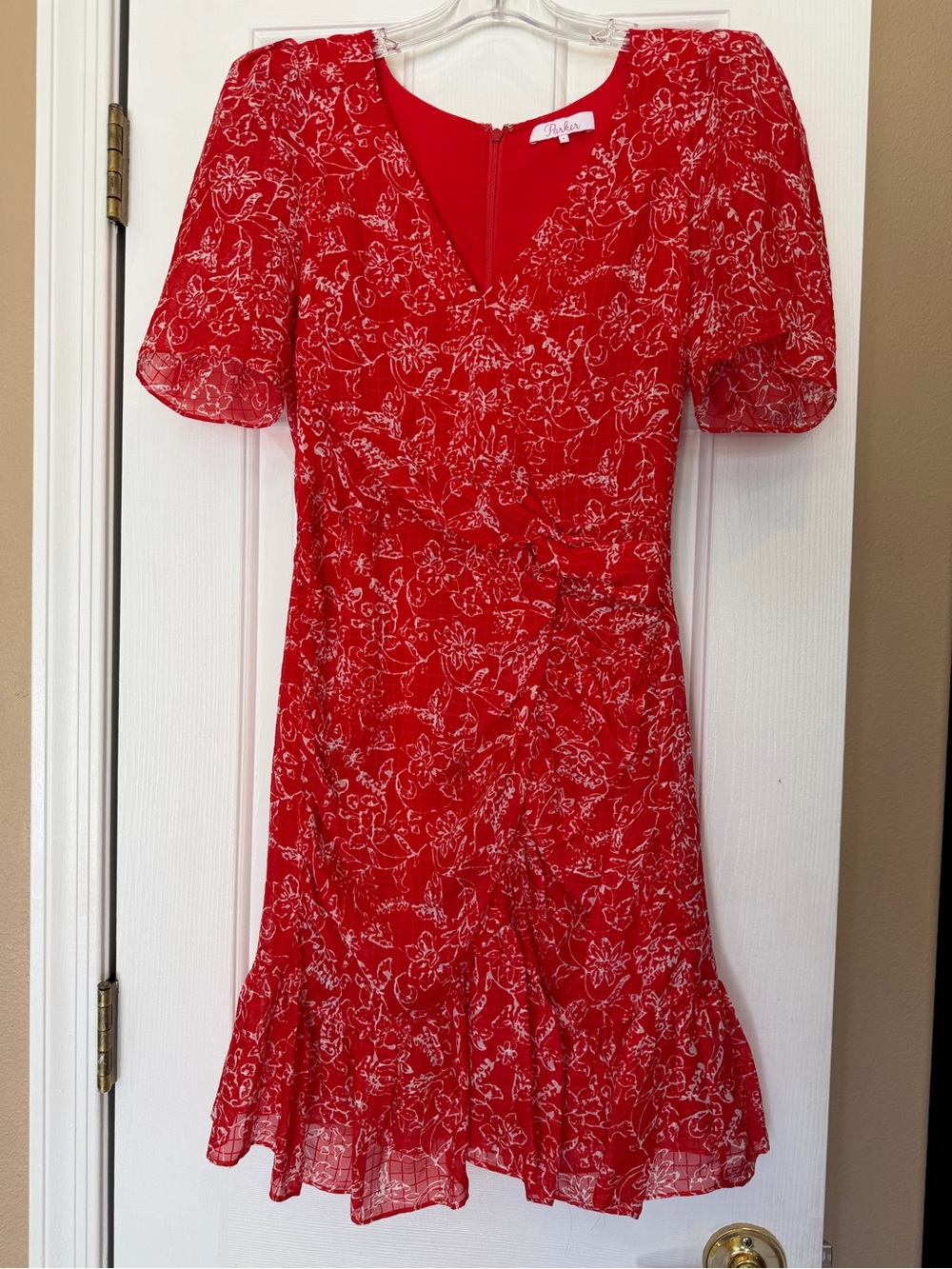 Parker Silk Red Mini Dress Short Puff Sleeves EUC Size 2 Romantic Feminine Girly